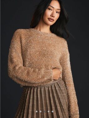 Anthropologie Maeve Tinsel Eyelash Sweater in Sand, Size Small